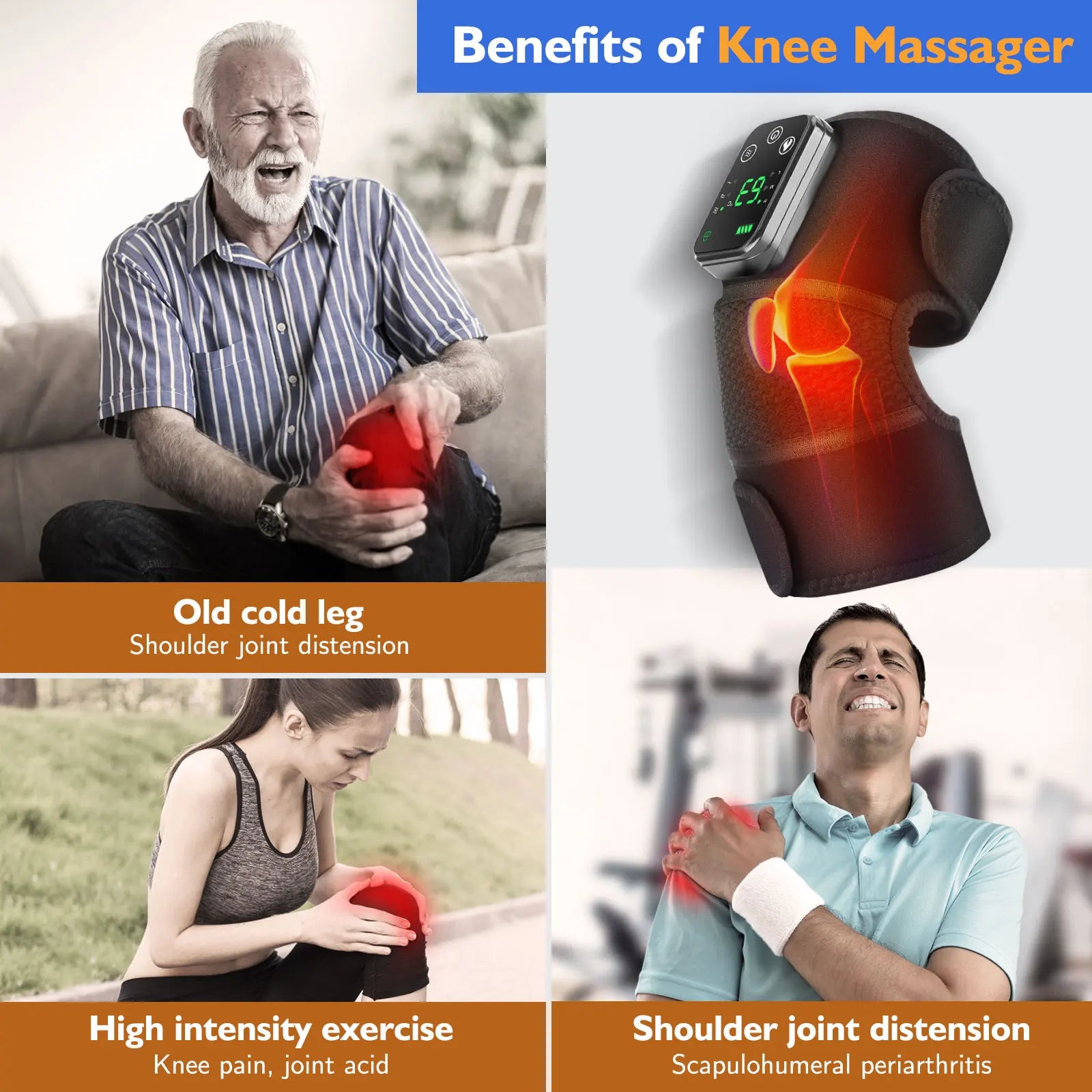 Rechargeable Knee Massager with Heat — 3-Gear Vibration for Knee, Shoulder &amp; Leg Pain Relief